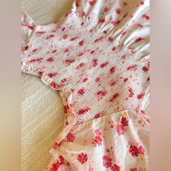 LOVESHACKFANCY Cosette White Cotton & Hot Pink Floral Smocked Ruffle Mini Dress